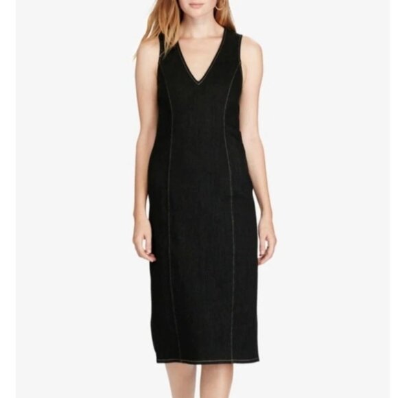 Polo Ralph Lauren Womens 2 Sheath Dress Black V Neck Sleeveless Stretch Denim - Picture 1 of 8